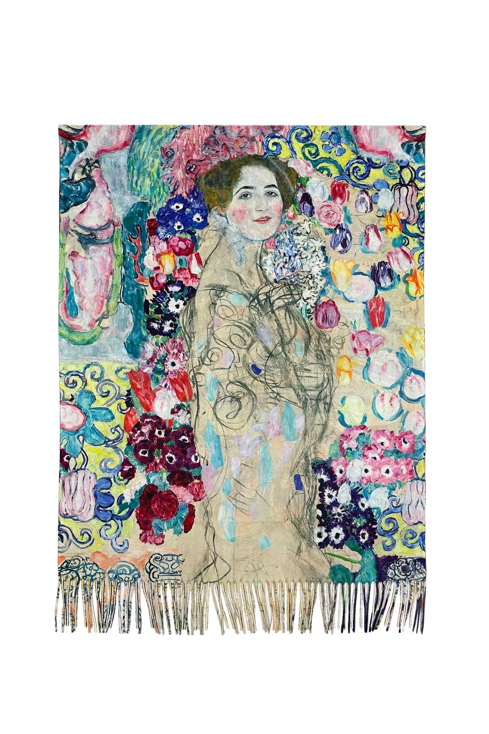 Klimt Portrait of Maria Munk & Peacock Art Print Reversible Wool Tassel Scarf