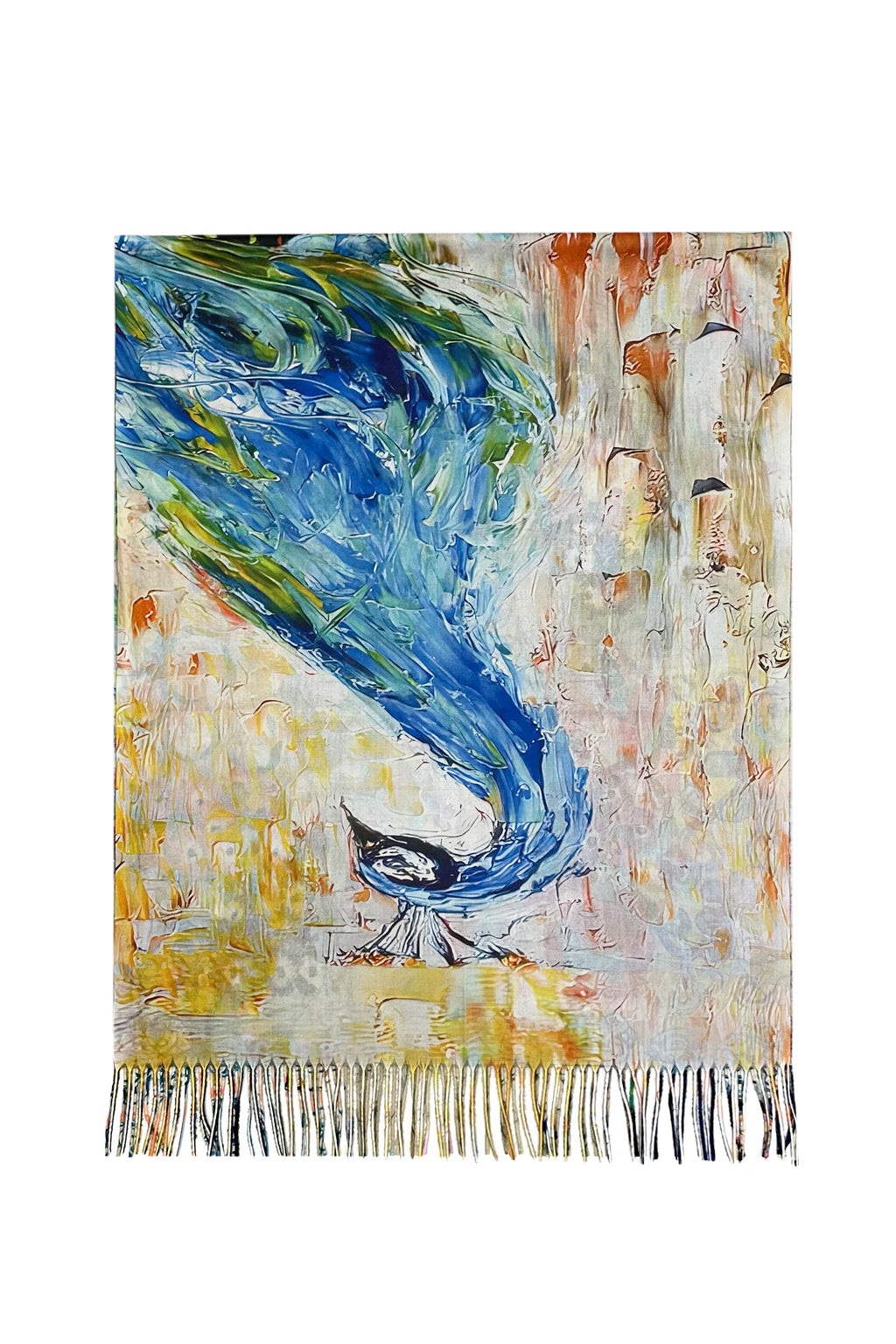 Abstract painting of a peacock with vibrant colors on a textured background