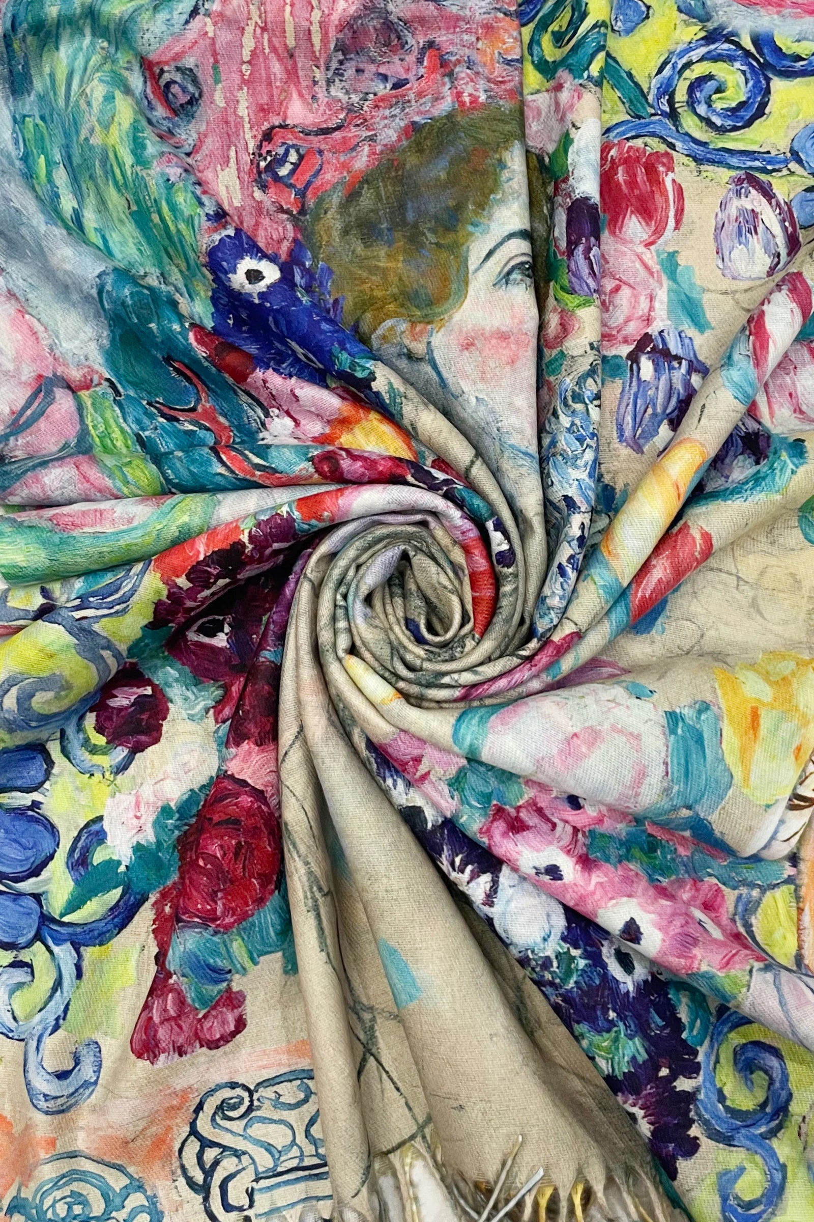 Klimt Portrait of Maria Munk & Peacock Art Print Reversible Wool Tassel Scarf