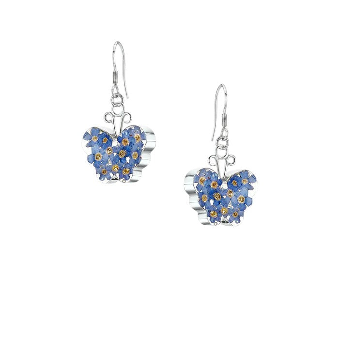 Butterfly  sterling  silver  dangle  drop  earrings  with  real  forget-me-not  flowers