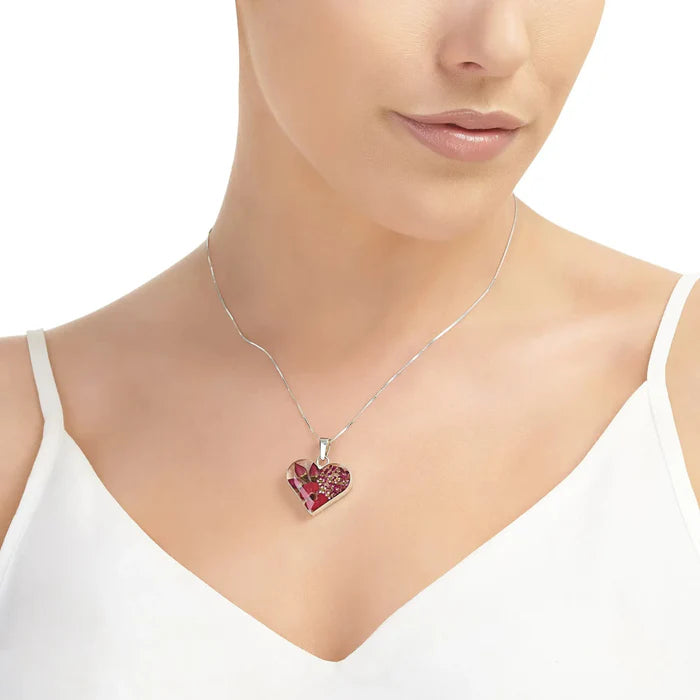 Sterling Silver Heart Pendant Necklace with Real Poppy & Rose Flowers