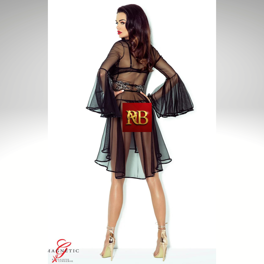 Sheer Lace & Tulle Cassandra Black Kimono – Plus Sizes (S–XXL)