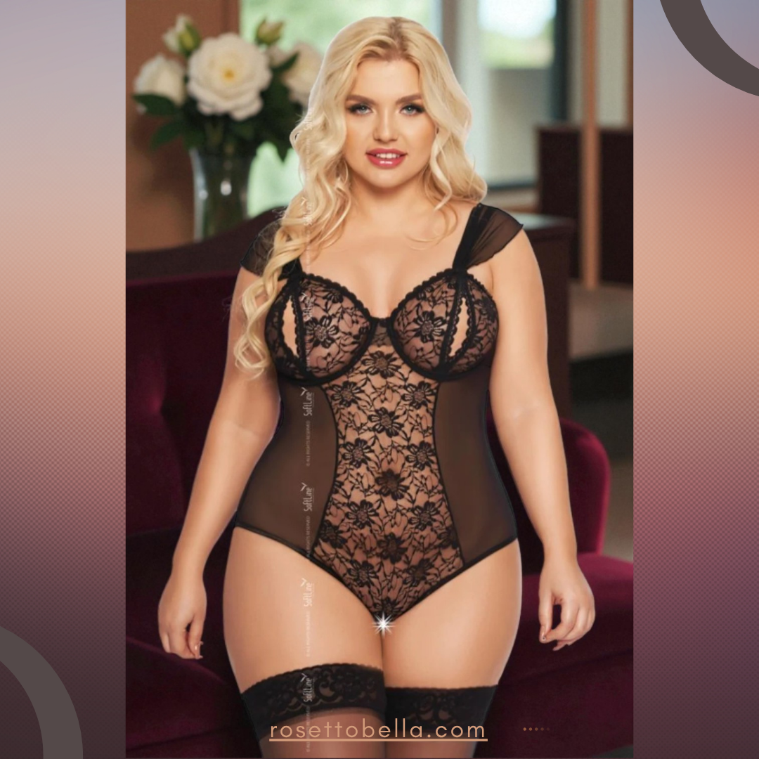 Open-Crotch Lace & Mesh Bodysuit - Black  – Plus Size