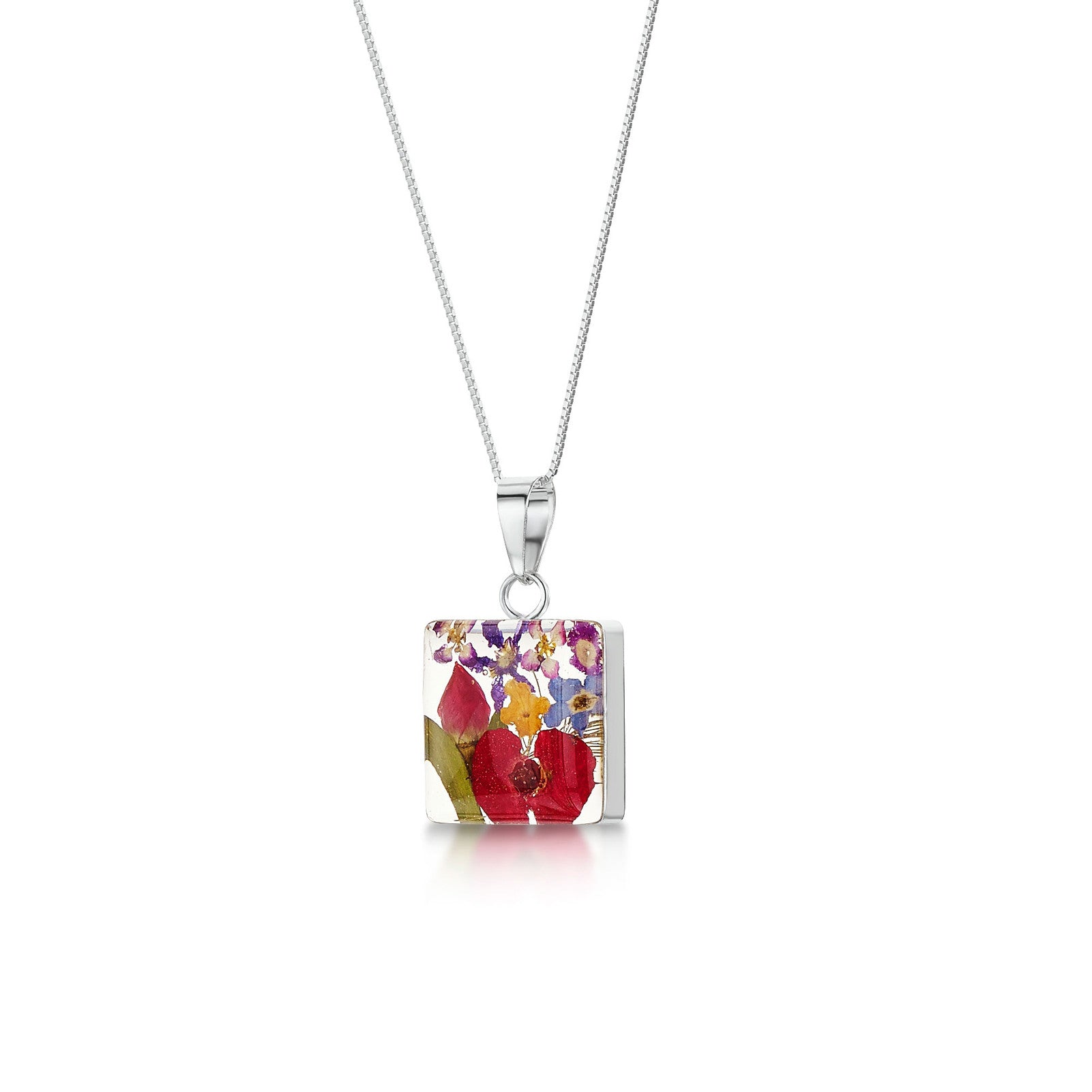 Sterling Silver Square Pendant Necklace with Real Flowers – Mixed Flower Collection
