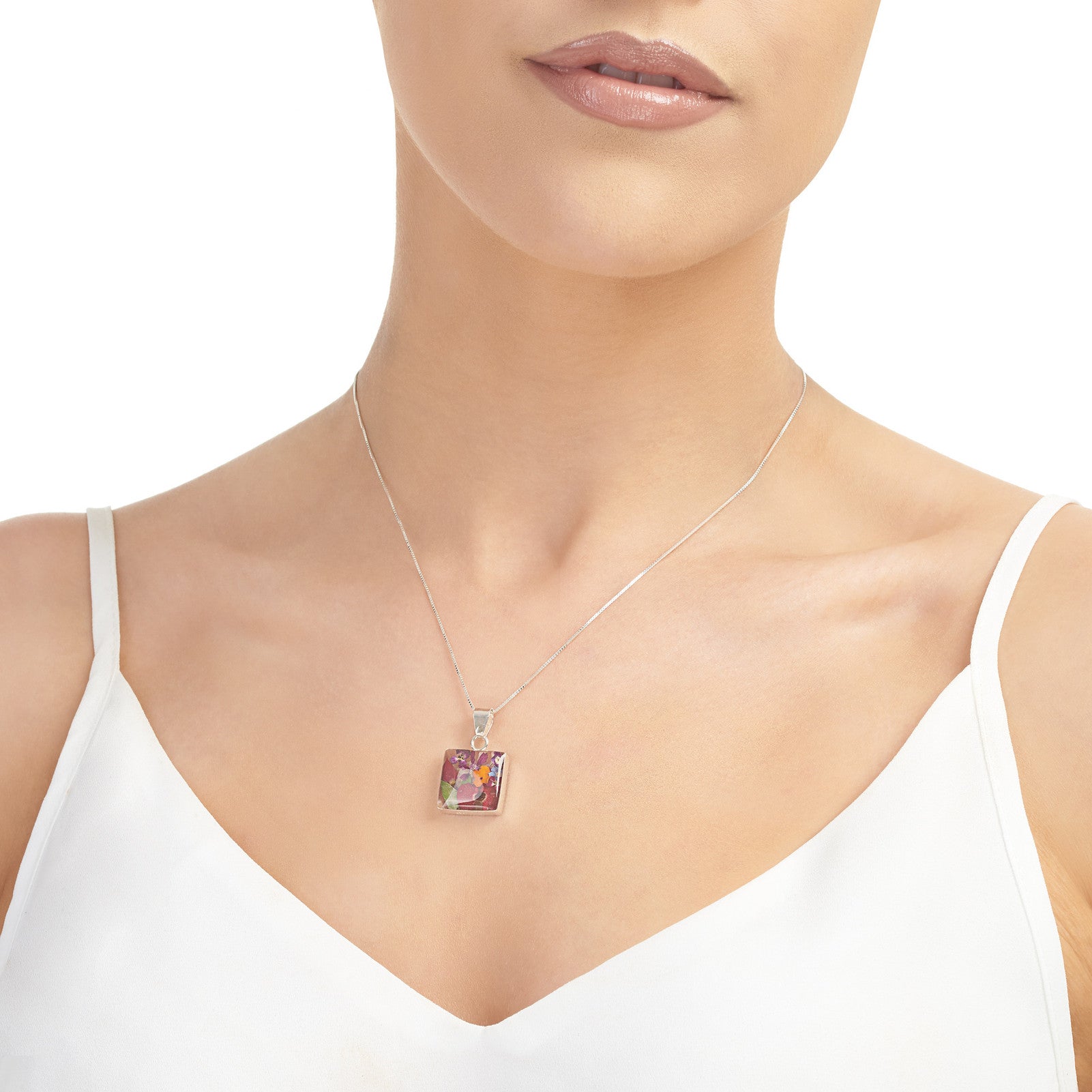 Sterling Silver Square Pendant Necklace with Real Flowers – Mixed Flower Collection