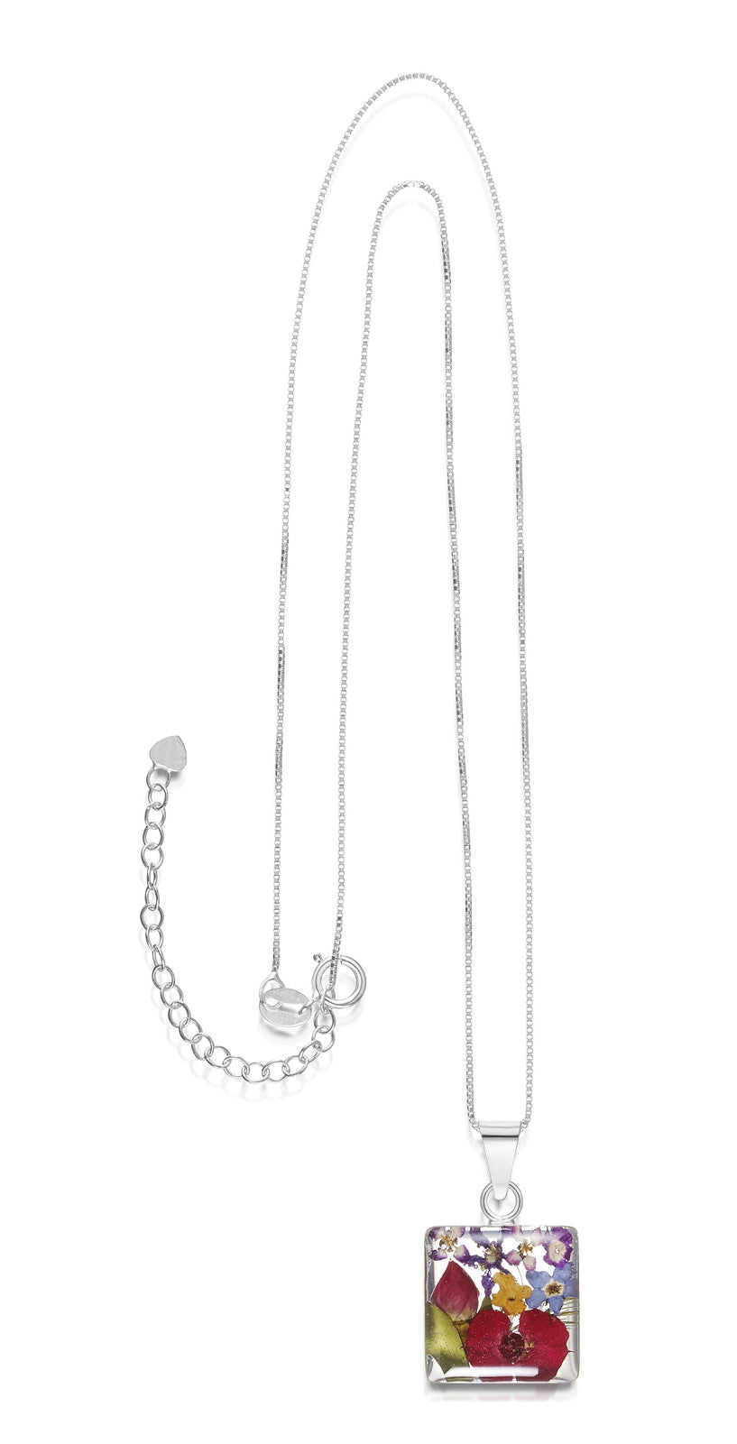 Sterling Silver Square Pendant Necklace with Real Flowers – Mixed Flower Collection