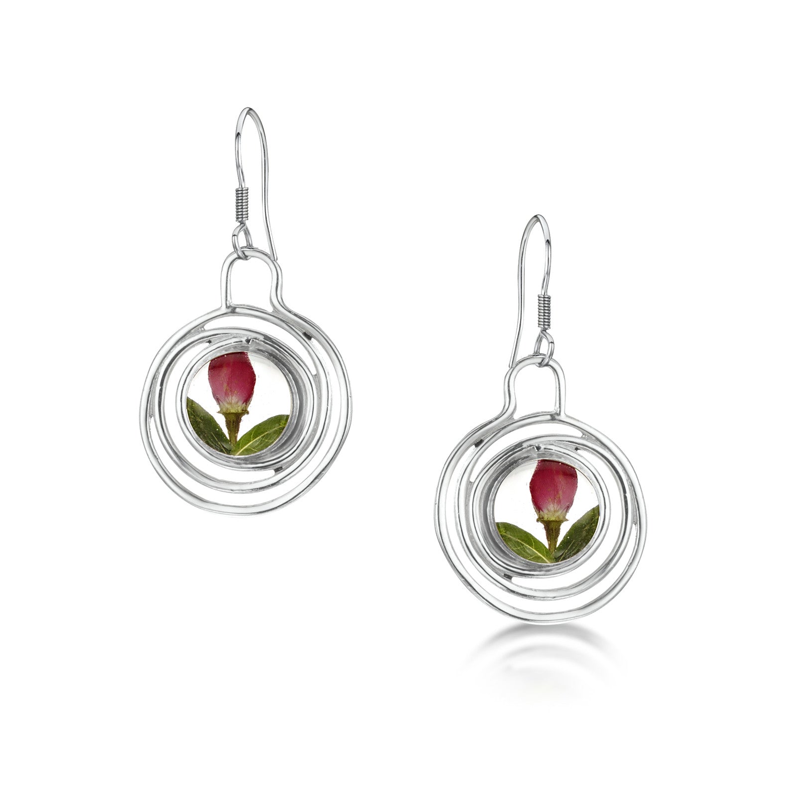 Sterling Silver Circle Drop Earrings with Real Rose Flowers – Handmade Jewellery