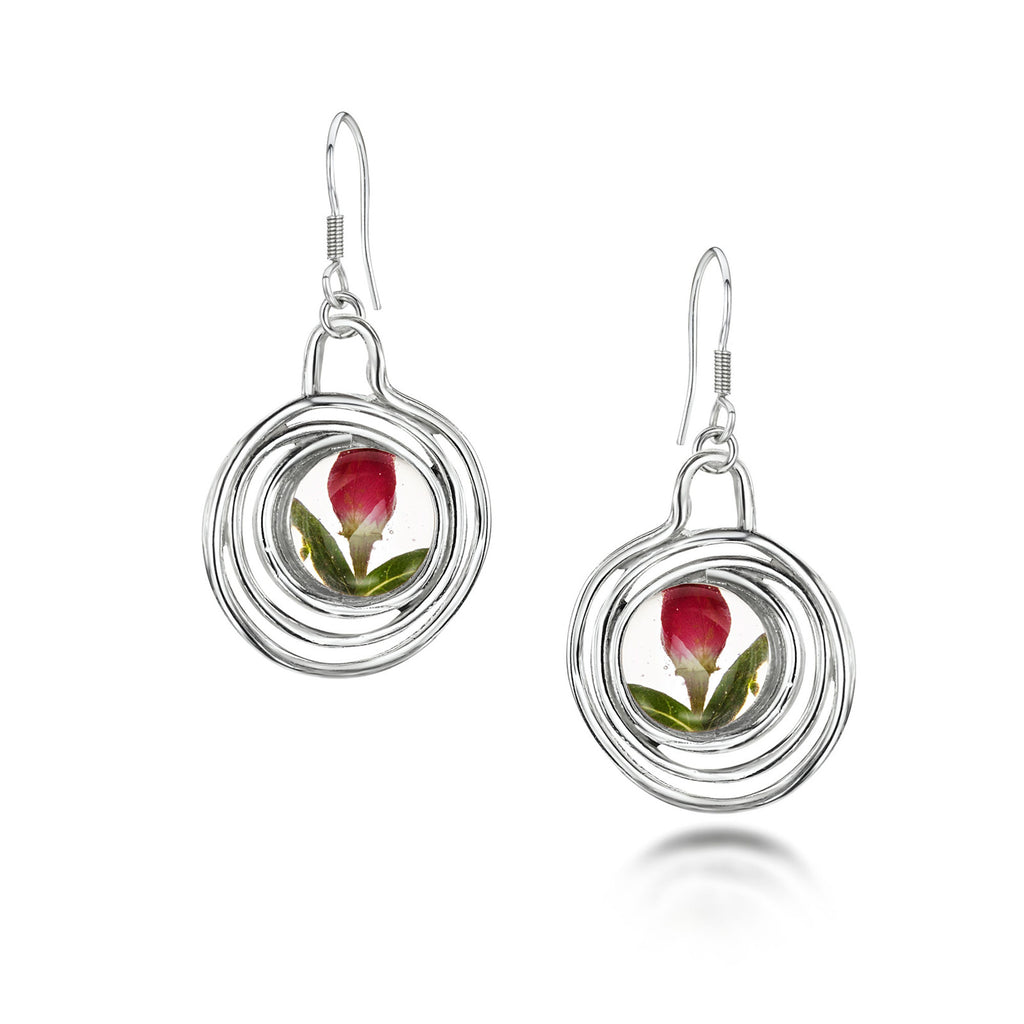Sterling Silver Circle Drop Earrings with Real Rose Flowers – Handmade Jewellery