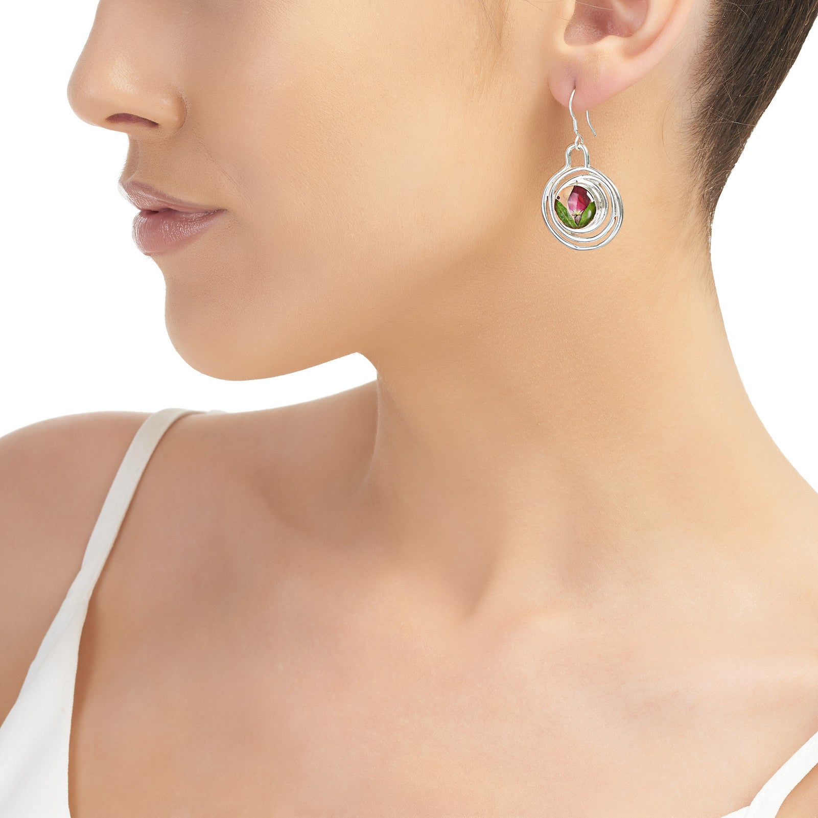 Sterling Silver Circle Drop Earrings with Real Rose Flowers – Handmade Jewellery