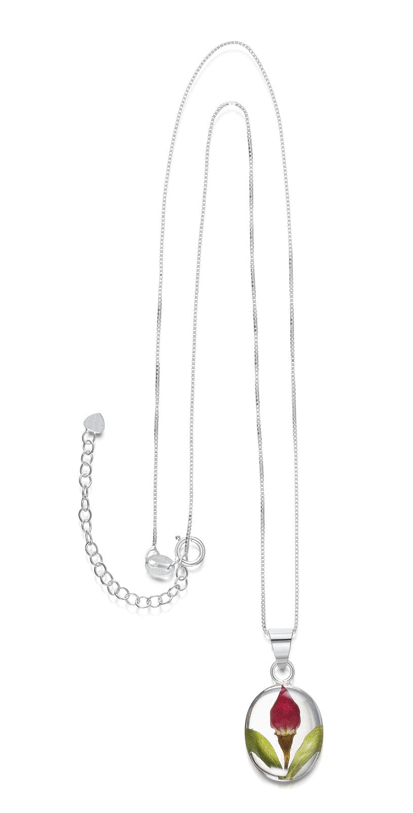 Sterling Silver Oval Pendant Necklace with Real Rose