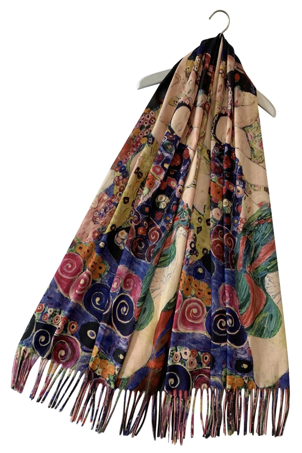 Klimt The Virgins Print Wool Tassel Scarf – Solid Wine Reverse