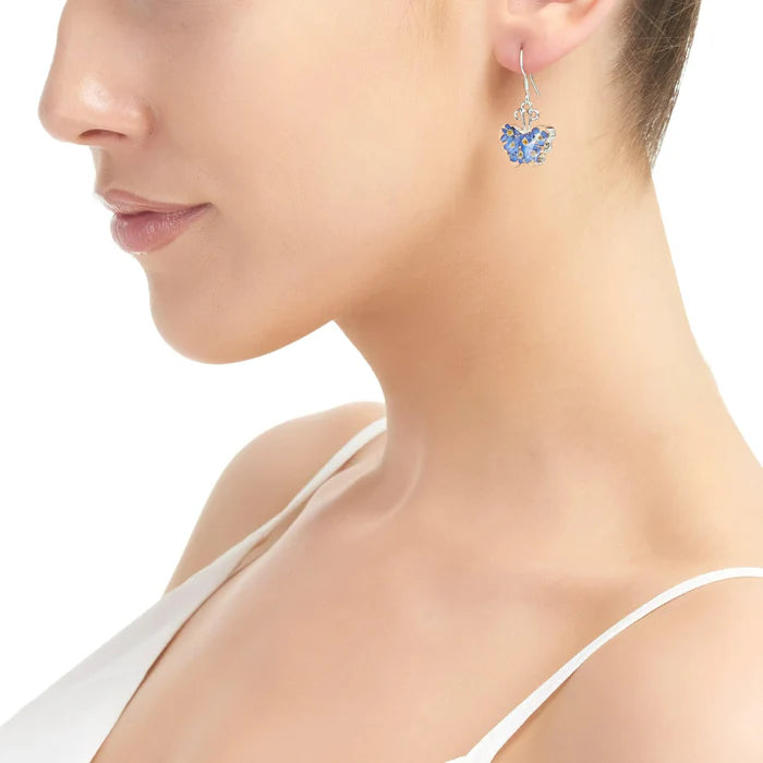 Butterfly  sterling  silver  dangle  drop  earrings  with  real  forget-me-not  flowers