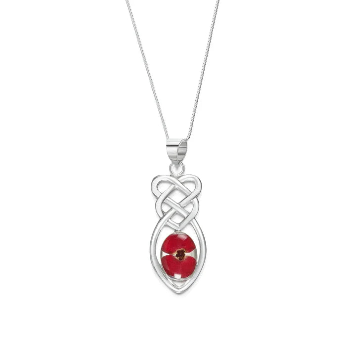 Sterling Silver Celtic Knot Necklace with Real Poppy Flower