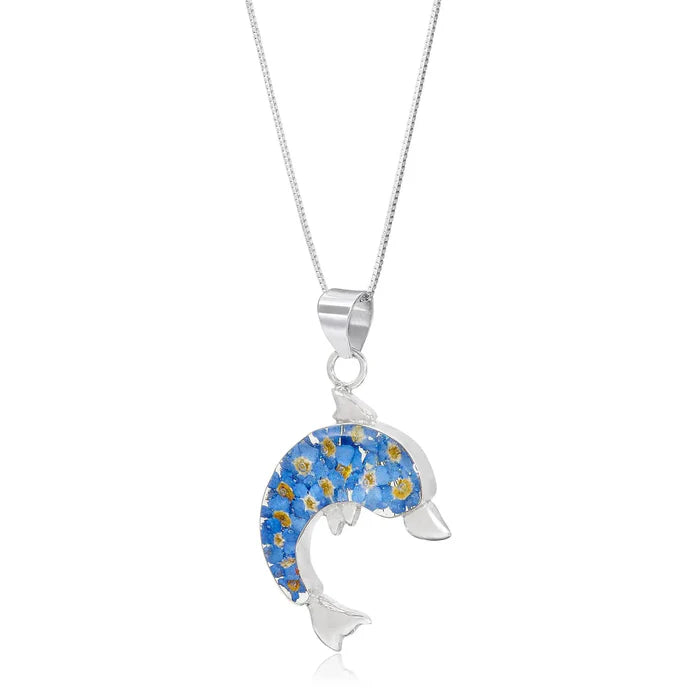 Sterling Silver Dolphin Pendant Necklace with Real Forget-Me-Not Flowers