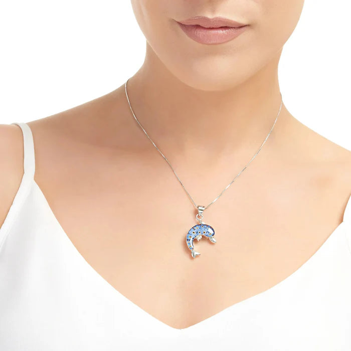 Sterling Silver Dolphin Pendant Necklace with Real Forget-Me-Not Flowers