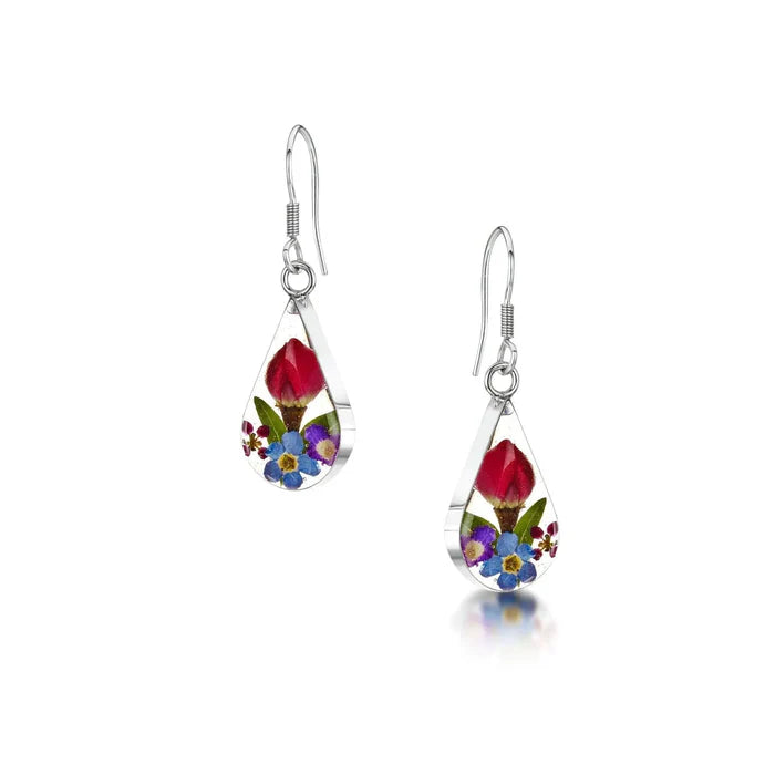 Sterling Silver Teardrop Drop Earrings with Real Flowers – Handmade Jewellery