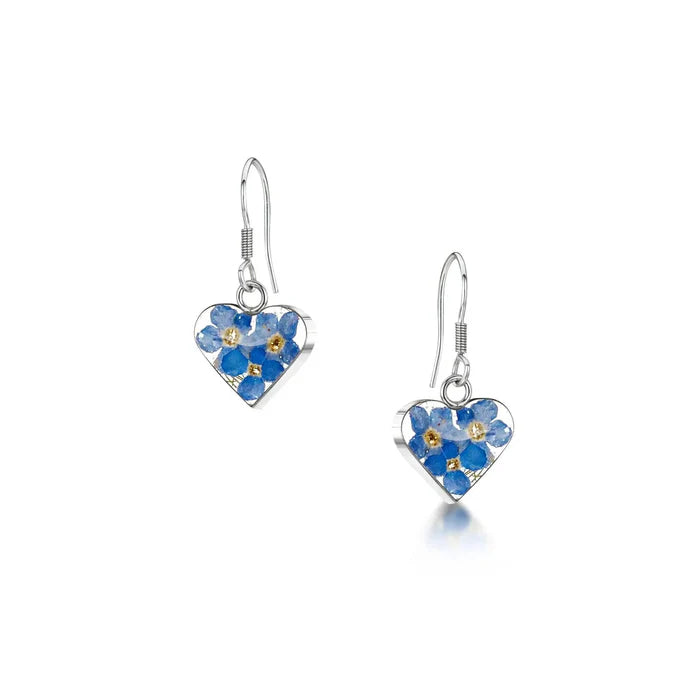 Sterling & silver heart dangle earrings made with real forget-me-not flowers