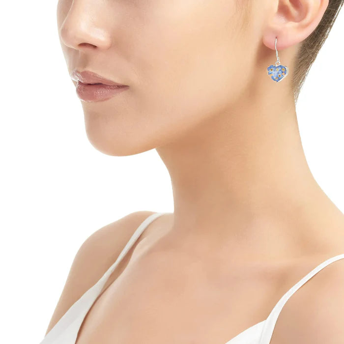 Sterling & silver heart dangle earrings made with real forget-me-not flowers
