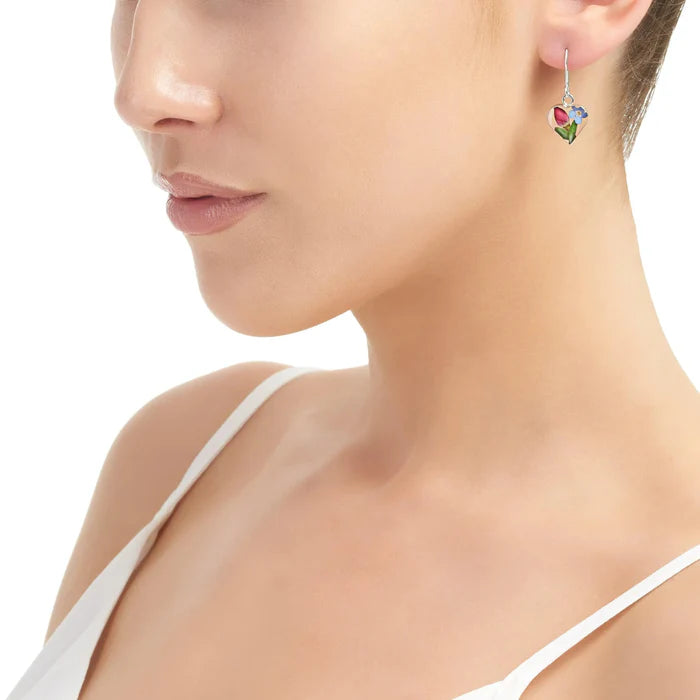 Sterling Silver Heart Drop Earrings with Real Roses & Forget-Me-Nots – Handmade Jewellery