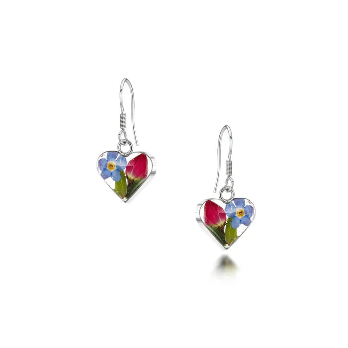 Sterling Silver Heart Drop Earrings with Real Roses & Forget-Me-Nots – Handmade Jewellery
