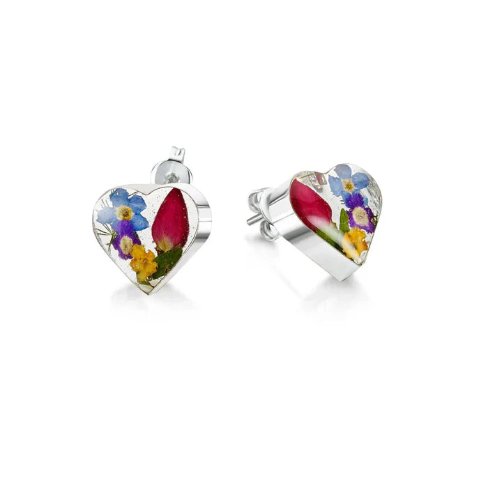 Sterling Silver Heart Stud Earrings with Real Flowers – Handmade Jewellery