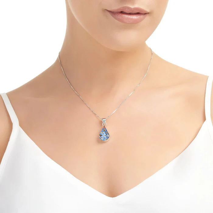 Sterling Silver Teardrop Pendant Necklace with Real Forget-Me-Not Flowers
