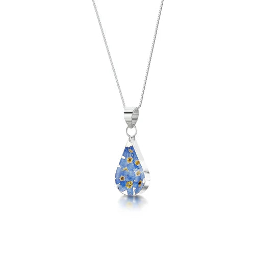 Sterling Silver Teardrop Pendant Necklace with Real Forget-Me-Not Flowers