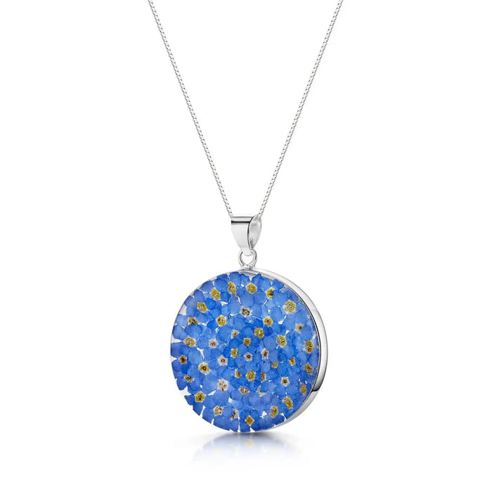 Sterling Silver Large Round Pendant Necklace with Real Forget-Me-Not Flowers