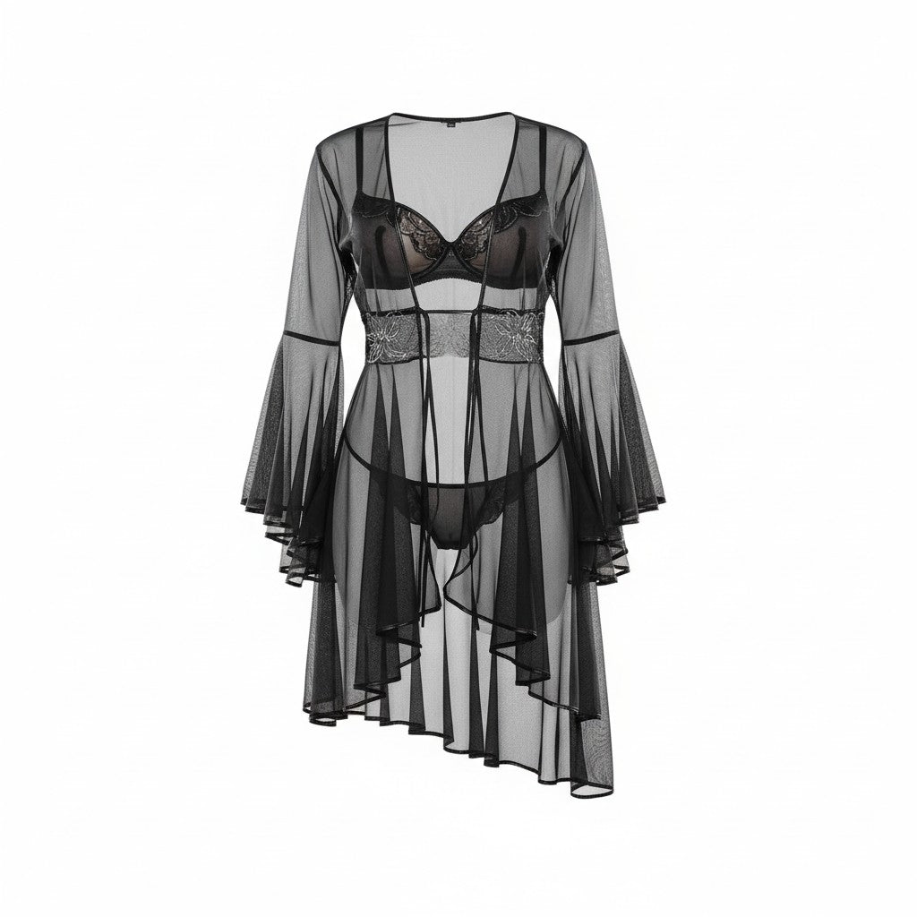 Sheer Lace & Tulle Cassandra Black Kimono – Plus Sizes (S–XXL)