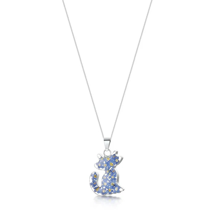 Sterling Silver Cat Pendant Necklace with Real Forget-Me-Not Flowers