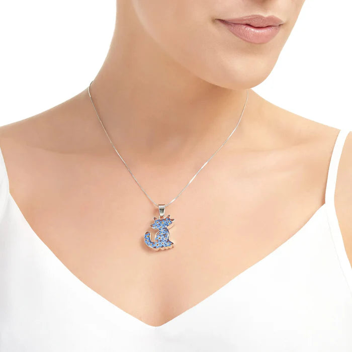 Sterling Silver Cat Pendant Necklace with Real Forget-Me-Not Flowers