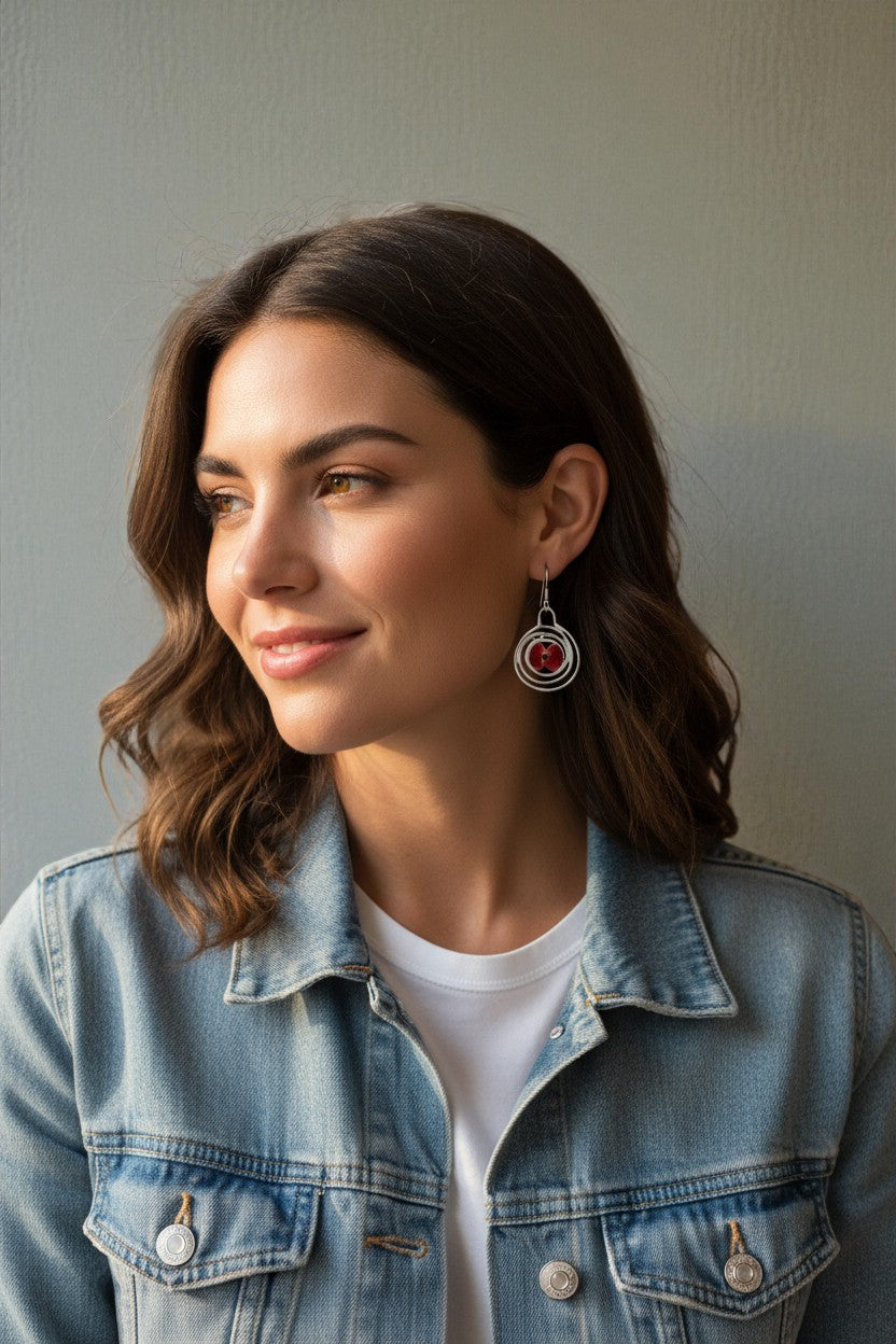 Sterling Silver Circle Drop Earrings with Real Poppy Flowers – Handmade Jewellery