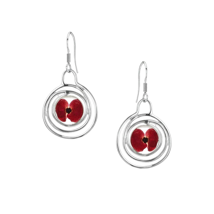 Sterling Silver Circle Drop Earrings with Real Poppy Flowers – Handmade Jewellery