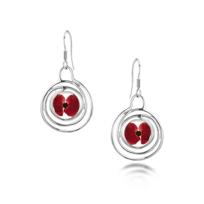 Sterling Silver Circle Drop Earrings with Real Poppy Flowers – Handmade Jewellery