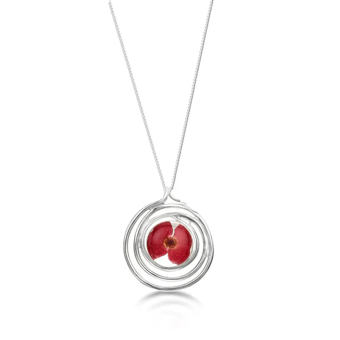 Sterling Silver Spiral Pendant Necklace with Real Mini Poppy Flower