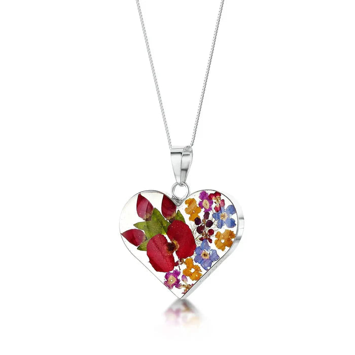 Sterling Silver Large Heart Pendant Necklace with Real Flowers