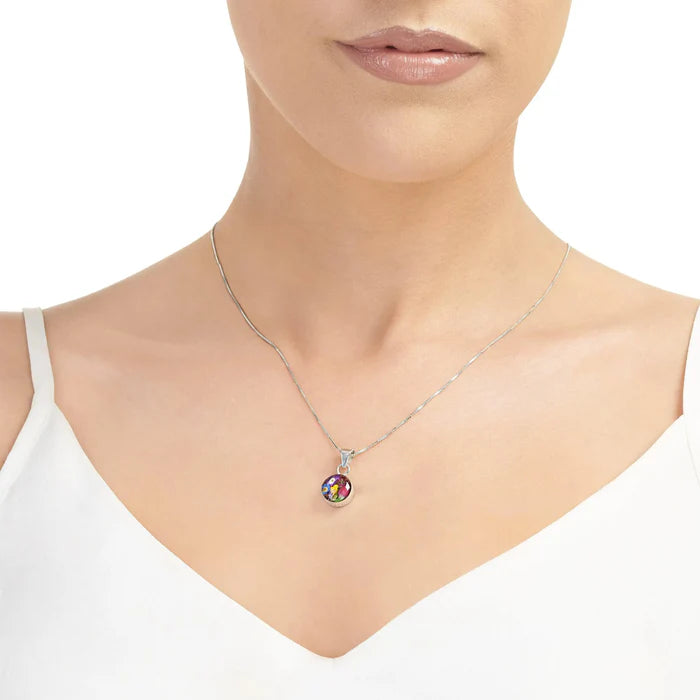 Sterling Silver Small Round Pendant Necklace with Real Flowers