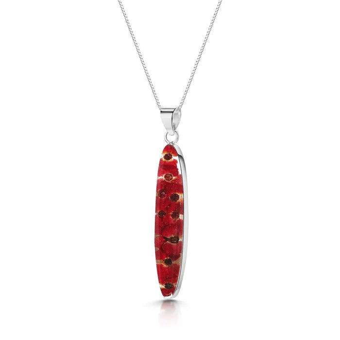 Sterling Silver Tapered Oval Necklace with Real Poppy Flowers