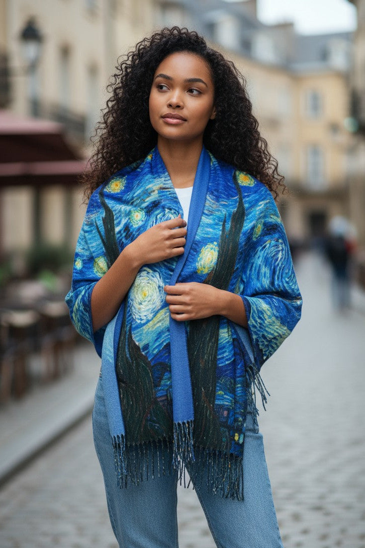 Woman wearing a blue scarf with a starry night design on a street.