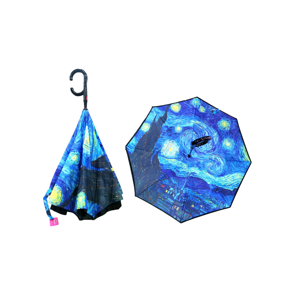 Van Gogh Starry Night Automatic Upside Down Umbrella with C-Handle