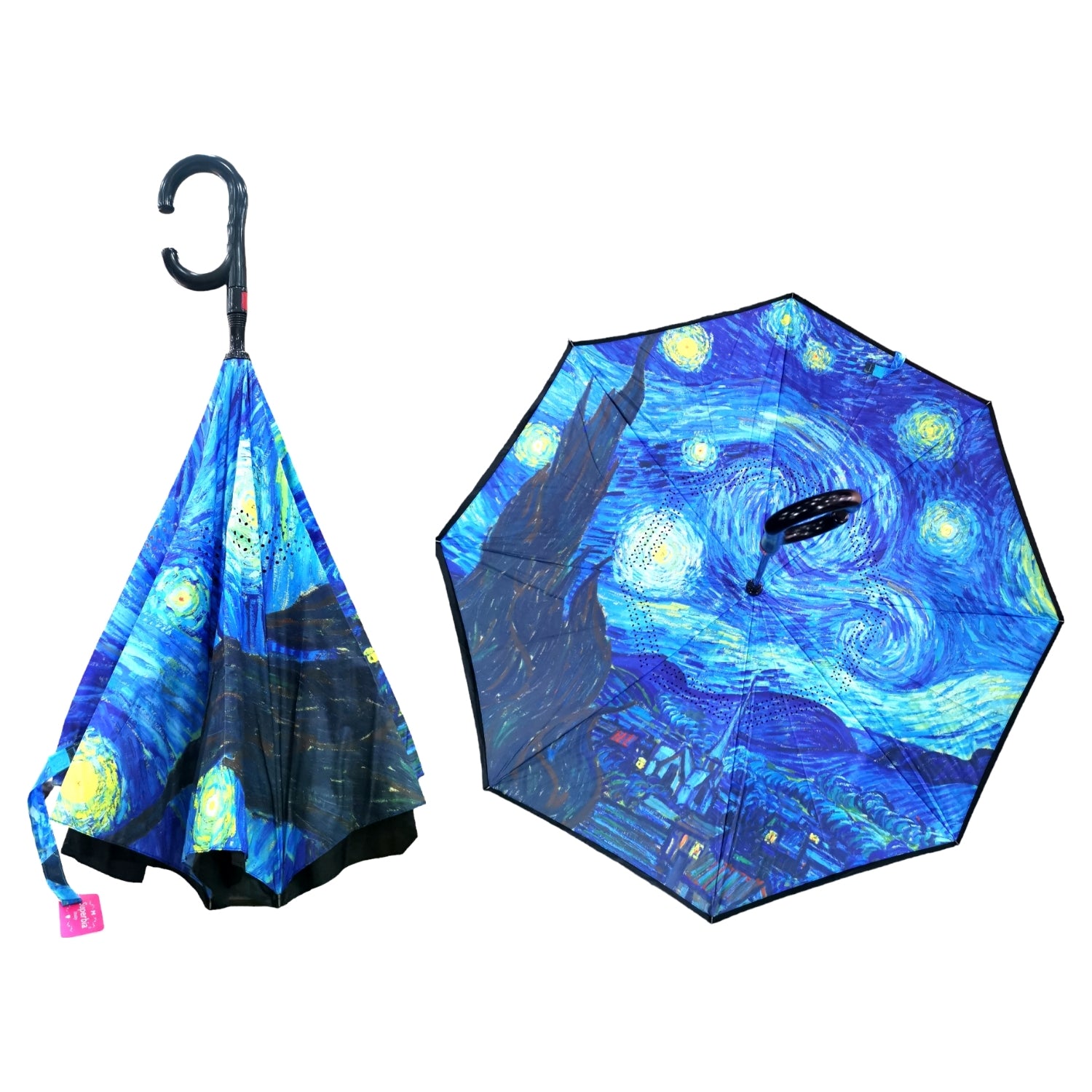 Van Gogh Starry Night Automatic Upside Down Umbrella with C-Handle