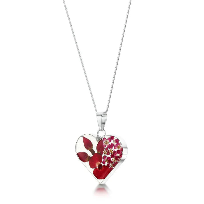 Sterling Silver Heart Pendant Necklace with Real Poppy & Rose Flowers