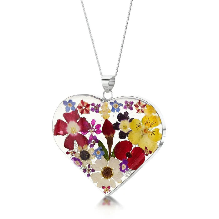 Sterling Silver Large Heart Pendant Necklace with Real Flowers