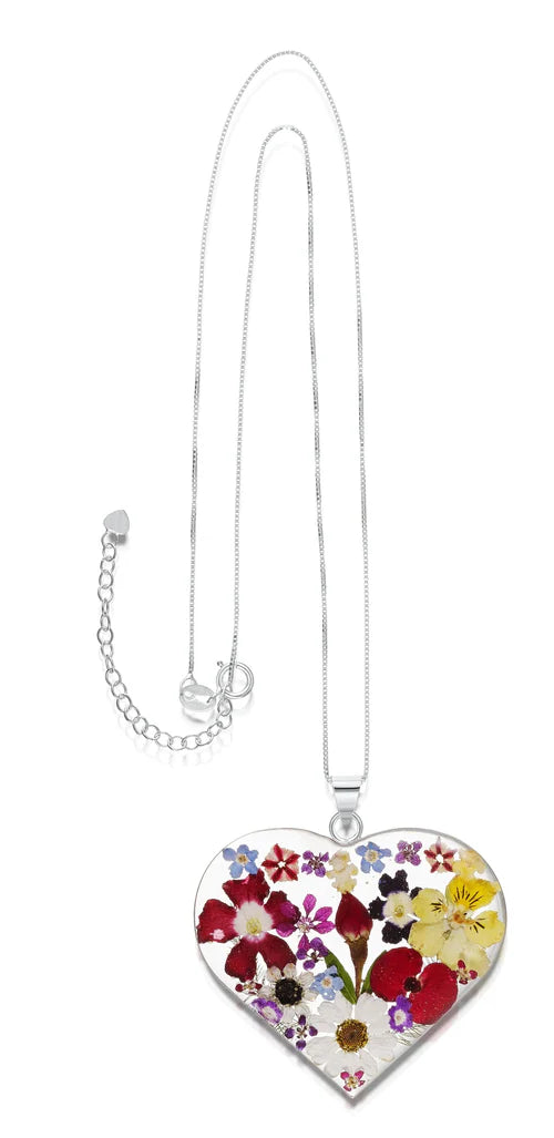 Sterling Silver Large Heart Pendant Necklace with Real Flowers
