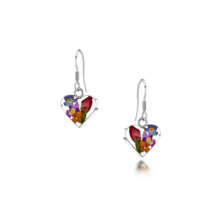 Sterling Silver Heart Drop Earrings with Real Miniature Flowers – Handmade Jewellery
