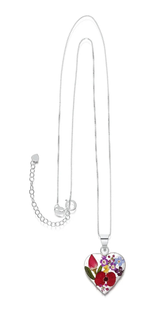 Sterling Silver Heart Pendant Necklace with Real Mixed Flowers