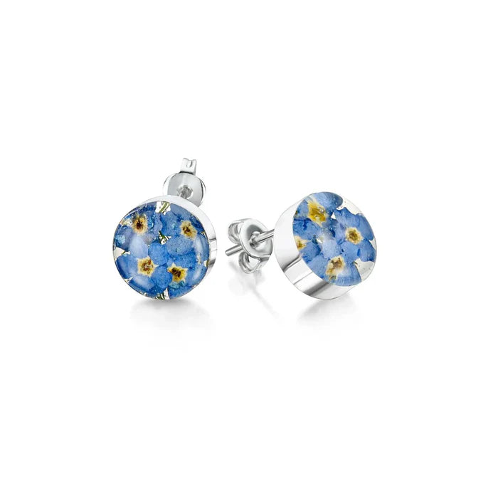 Sterling Silver Stud Earrings with Real Forget-Me-Not Flowers