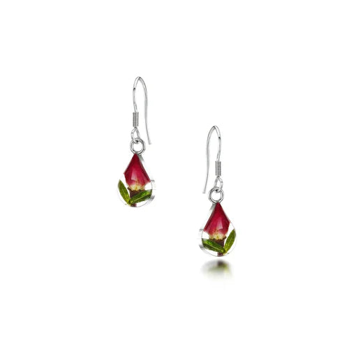 Sterling Silver Tear Drop Earrings with Real Rose Flowers – Handmade Jewellery
